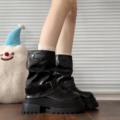 Черные маленькие резиновые квадратные каблуки средний каблук женские новые зимние ретро ботильоны универсальные модные ботинки