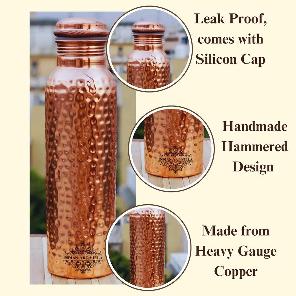 Pure Copper Hammered Finish Bottle, Stoarage & Drinkware, Health Benefits, Volume-1000ML, Pack of 1