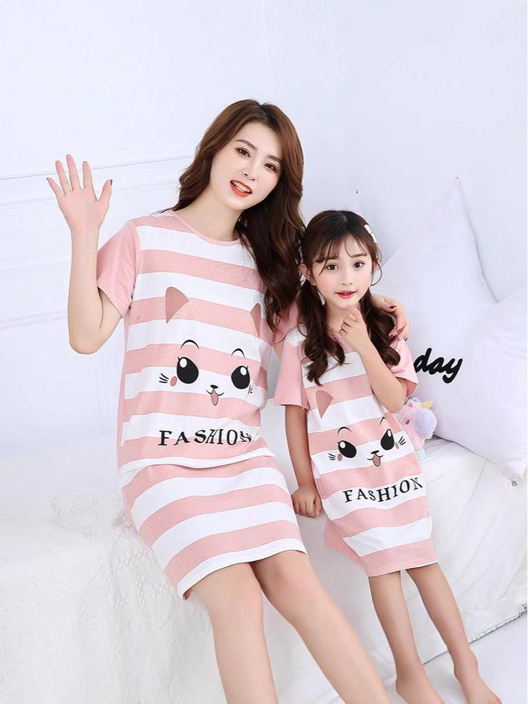 Girls' Summer Cartoon Short Sleeve Pajamas - Cute Parent-Child Cotton Nightdress
