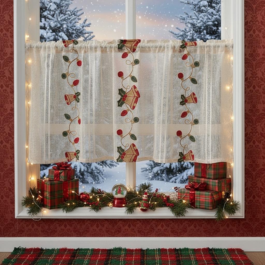 American Christmas Curtains Bell Embroidery Lace Living Room Kitchen Rectangle Landscaping Decorative Coffee Curtain