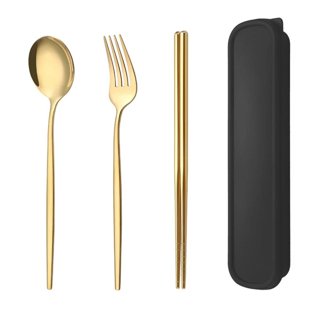 4 шт. Золотой портативный набор столовых приборов с коробкой ложка вилка палочки для еды набор из нержавеющей стали обеденная посуда кухонные принадлежности