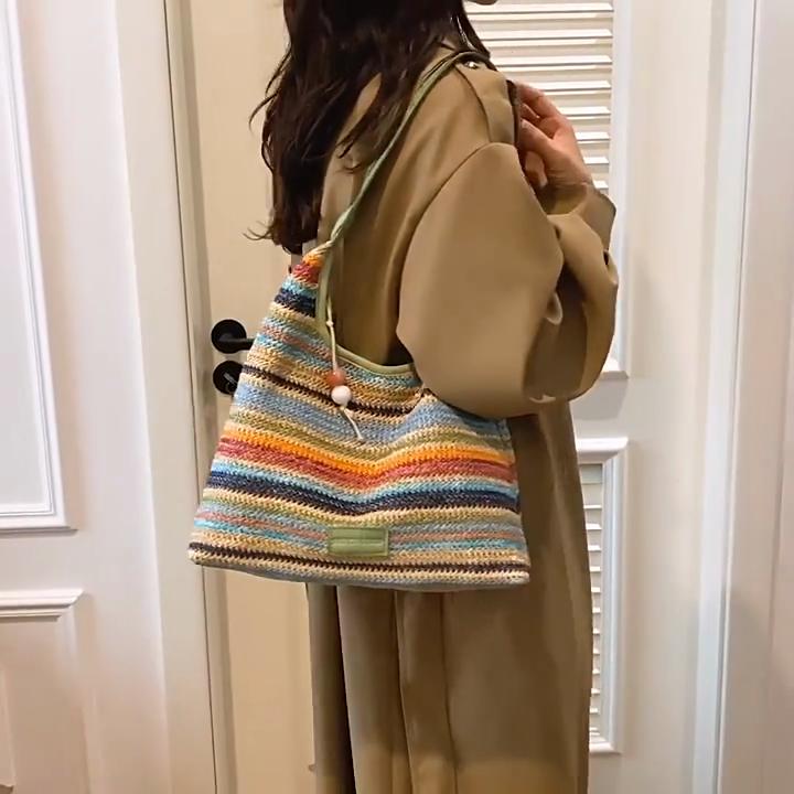 Chic Striped Woven Shoulder Bag for Girls Women Large Capacity Summer Beach Straw Tote Bag for Everyday & Vacation Use KTY