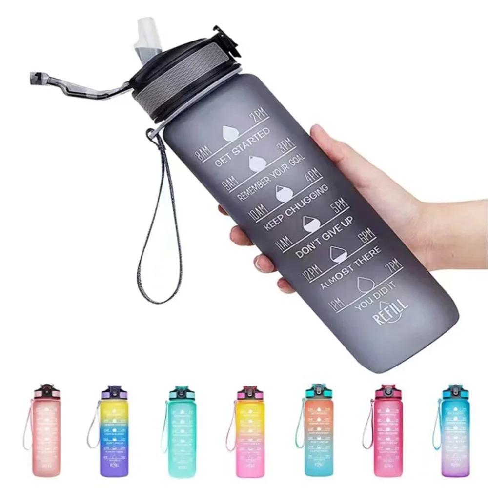 1L Sports Water Bottle With Straw Time Marker Gradient Color Motivational Bottle Leakproof Outdoor Student Drinking Water Cup