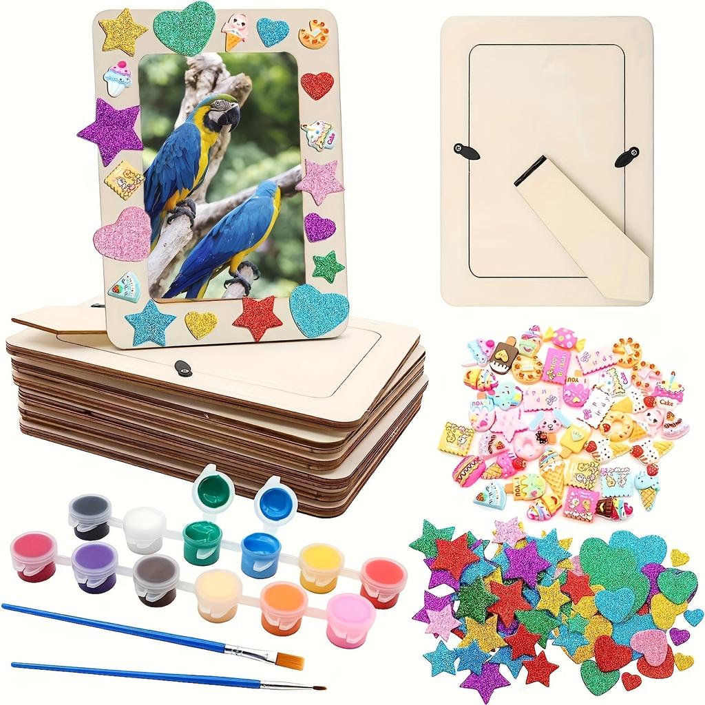 6pcs Wooden Picture Frames for Craft 7.5"x5.5" Unfinished Wood Photo Frames with Stand DIY Wood Frame with Stickers