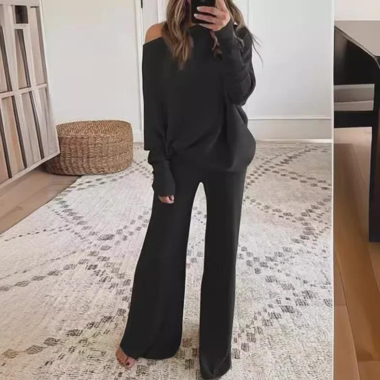 Весенняя коллекция 2024 г.: Европейский и американский женский повседневный трикотажный костюм на одно плечо