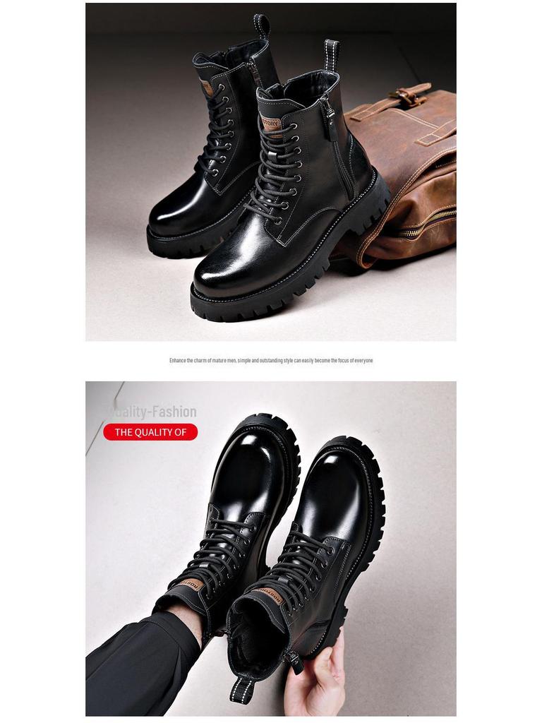 Мужские осенне-зимние желтые ботинки из натуральной кожи с толстой подошвой, боковой молнией и круглым носком — удобные, средней высоты, в стиле Martin.