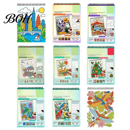 Stress Relief Coloring Activity Trace-By-Groove Guided Book, Clear Artistic Printing with 20 Decorative Creative Drawing Kit for Adults Scenes