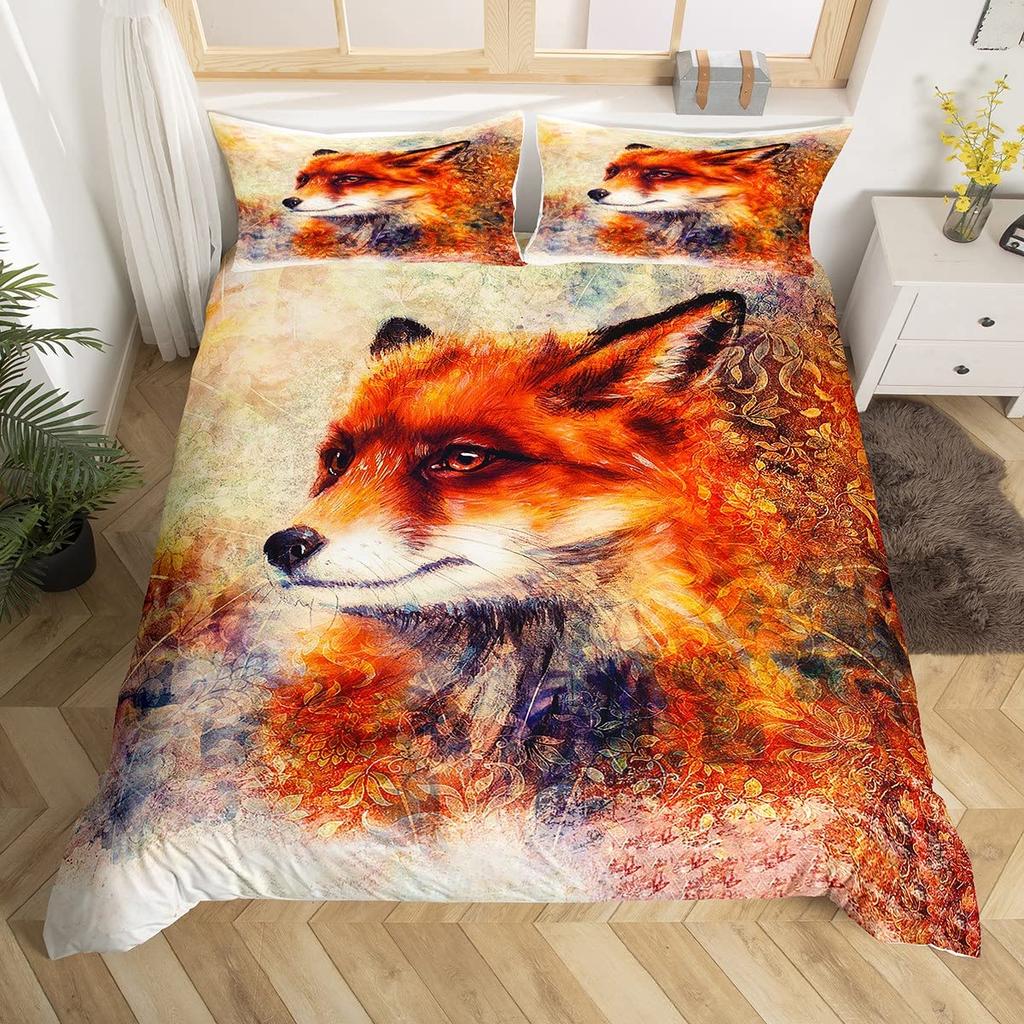 Girls Cartoon Fox Duvet Cover Set Cute Fox Bedding Set Kawaii Animals Comforter Cover Botanical Floral Bedspread Cover Full Size