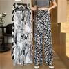 Ink Painting Tie Dye Pants Women's Summer Thin Ice Silk Ankle-Length Pants Straight Wide Leg Pants