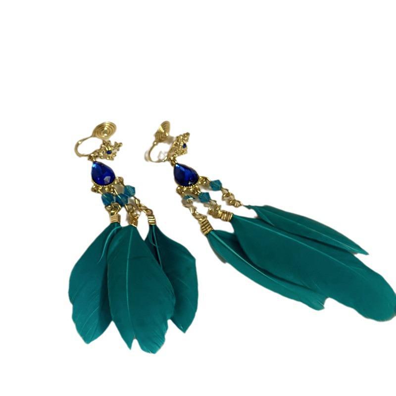 Серьги-кисточки в виде перьев с бриллиантами в стиле бохо-серебряной иглы, ретро-дизайн в стиле павлиньего зеленого цвета, стиль Niche