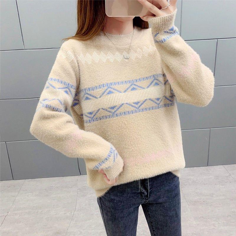 Sweater Women's Autumn and Winter Clothes Korean Version of Mink Velvet Half-high Collar Loose Thick Knitted Bottoming Shirt Pullover