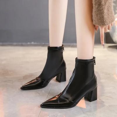 2024 Новые женские сапоги на каблуке, женские черные кожаные сапоги с острым носком, ботильоны, туфли для вечеринок, женские сапоги с застежкой-молнией сбоку, размеры 34-39