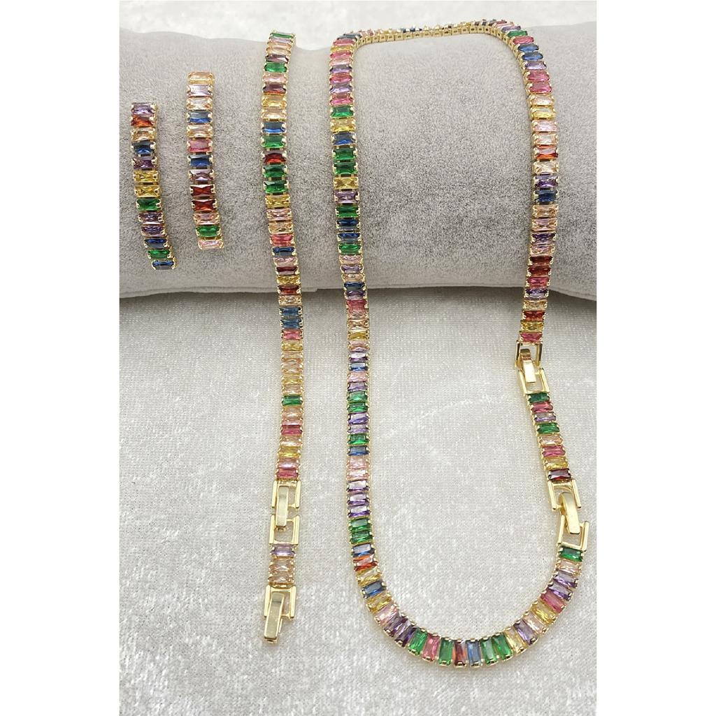 Women's Silver Zircon Baguette Waterway Necklace Earring Bracelet Jewelery Set Suit