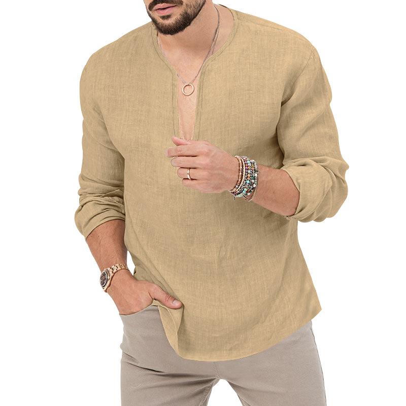 Мужская хлопково-льняная рубашка большого размера на весну и лето, мужские однотонные топы с длинными рукавами и глубоким v-образным вырезом