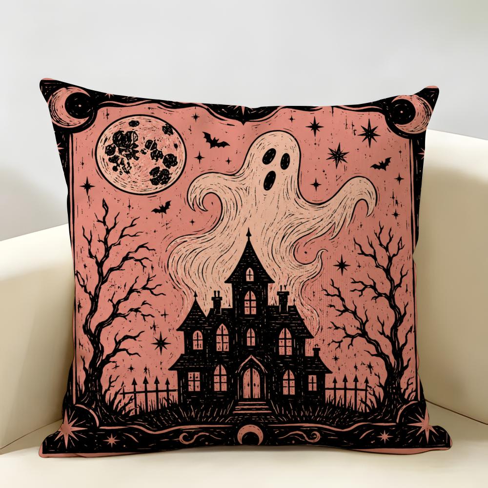 Halloween Spooky Cat Witchy Cushion Cover Durable Hypoallergenic Organic Linen Pillow Cover Short Size Washable SkinFriendly