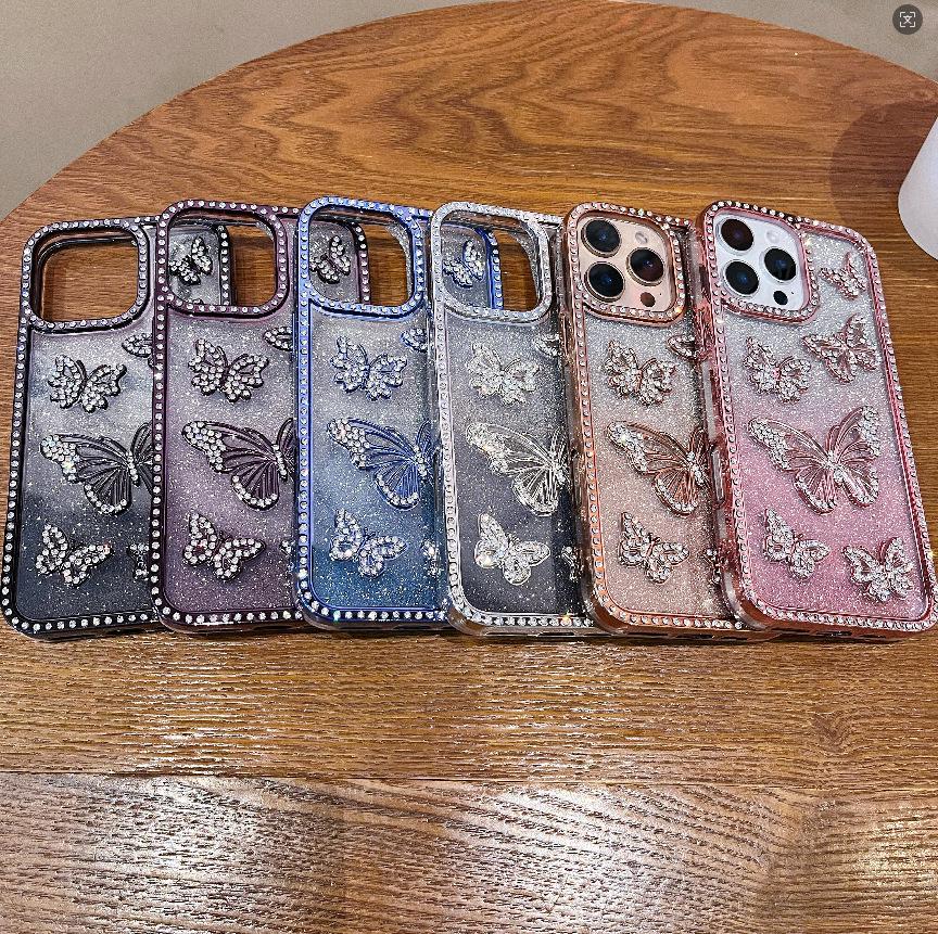 Чехол с блестками, градиентом и стразами в виде бабочки для Apple iPhone 17 Air, Совместим с линзой iPhone 15/16 Pro Max