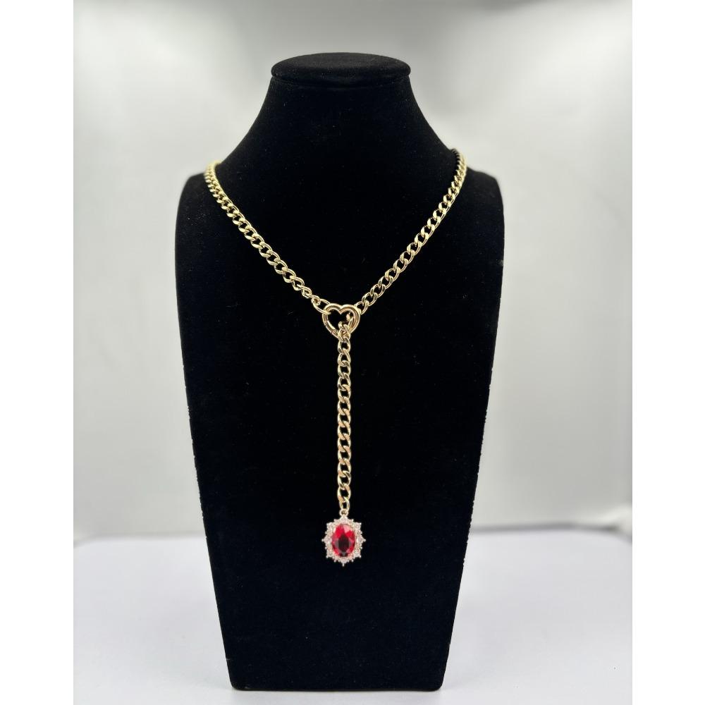 Wind Niche Design Retro Gold Necklace, Love Ruby Pendant Stacked with Cuban Chain Necklace