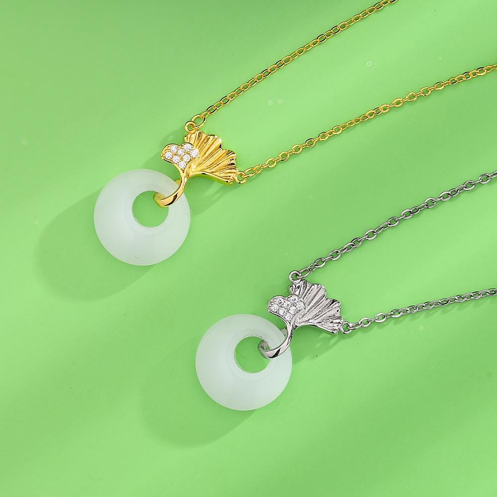 Sansheng Has Apricot Hetian Jade Necklace Female Guochao Design Sense Zircon Ginkgo Biloba White Jade Safety Buckle Collarbone Chain