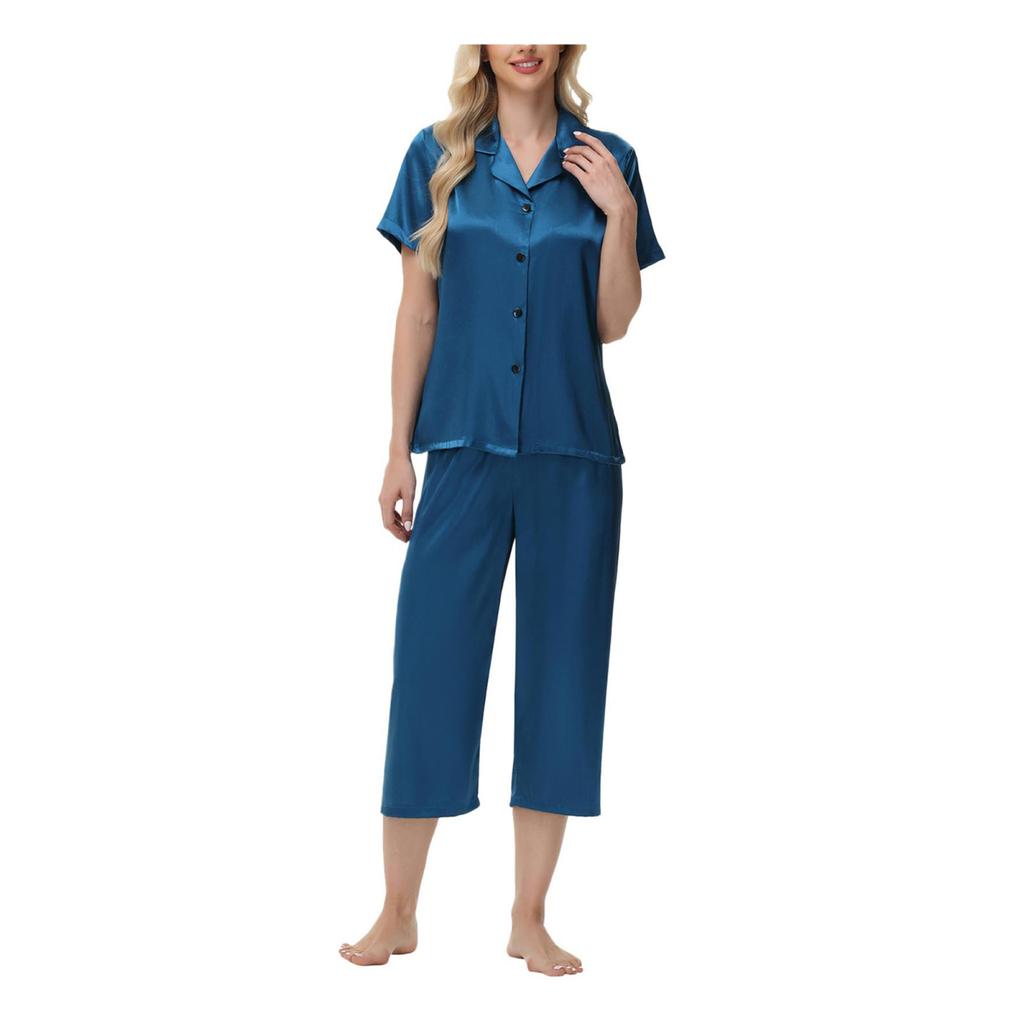 2 шт./комплект пижамы Ice Silk, рубашка с длинным рукавом и застежкой на пуговицы, эластичный пояс, широкие укороченные брюки, домашняя одежда, повседневный наряд, весенняя одежда для сна