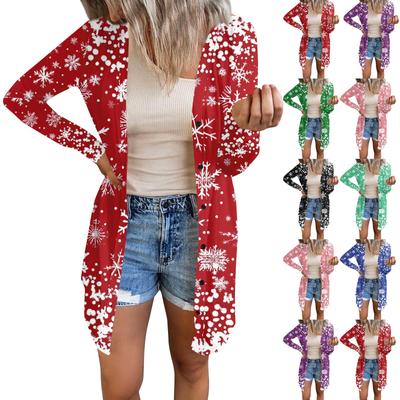 Длинный рукав Женский ретро принтованный топ Легкий базовый свободный жакет Кардиган Повседневные рубашки Рождество