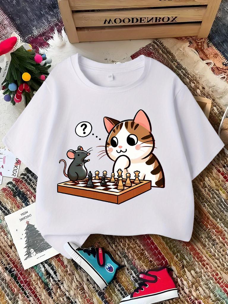 Cat And Mouse Playing Chess Cartoon Print Boys Girls Family Matching Tee Kids Parent Short Sleeve Daily Casual Comfort T Shirt