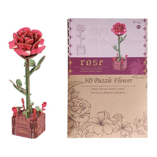 3D Wooden Flower Puzzle Kit for Adults DIY Botanical Bouquet Building Set Wood Sunflower/Rose Floral Craft Kit for Stress Relief Mother's Day
