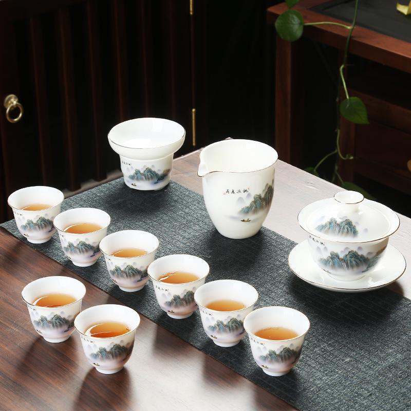Company event business gifts, printed mutton fat jade porcelain Kung Fu tea set set, home gift gift