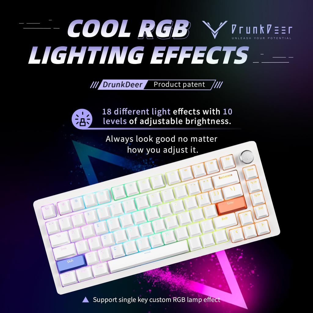 DrunkDeer A75 Rapid Trigger Keyboard Mechanical TKL Gaming Magnetic Switch RGB Wired USB Compact 82 Keys with Knobs White Anti-Ghosting Anti-Spill