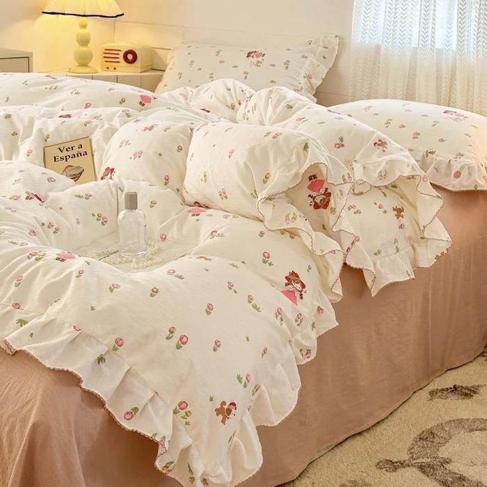 Princess Style Bedding Sets Ruffle Lace Bow Quilt Cover Romantic Bedclothes Decor Woman Girls Bedroom Duvet Cover 4pcs
