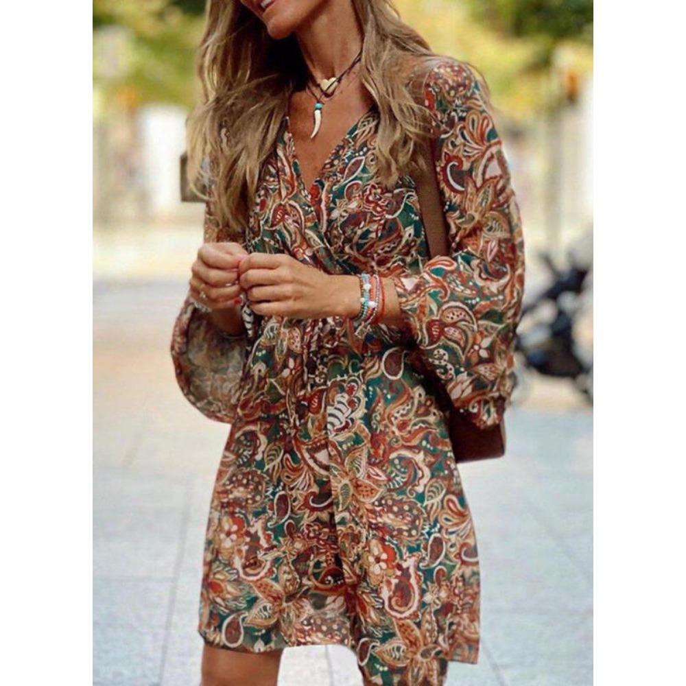JPNTKY Women's Fashion Autumn Winter Floral Print Long Sleeve V-Neck Casual Dresses