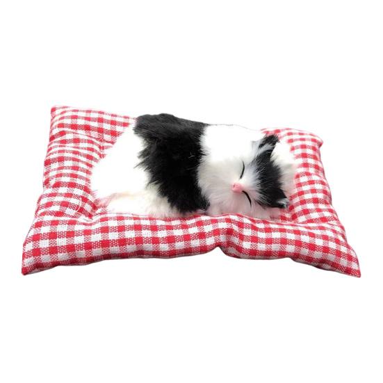 Simulation Sleeping Cat Decoration with Plaid Mat Odor Removal Bamboo Charcoal Plush Kitten Stuffed Animal Doll Home Office Desktop Car Interior