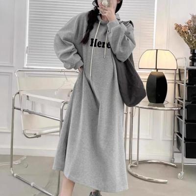 Женская мода Осень Зима Длинный рукав Капюшон Свободный крой Повседневные платья