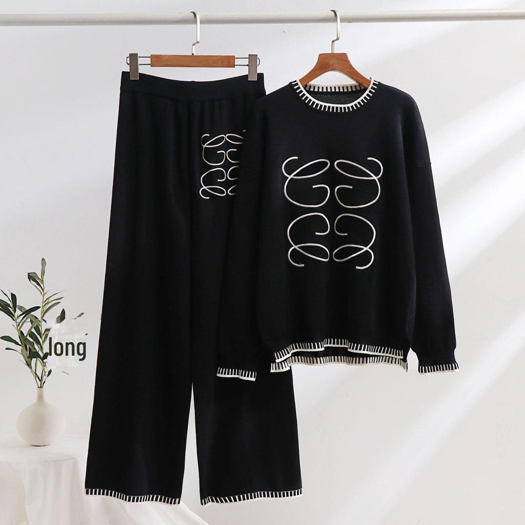 Chic European & American Autumn/Winter Knitted Two-Piece Suit: Casual Loose Straight Pants & Round Neck Top