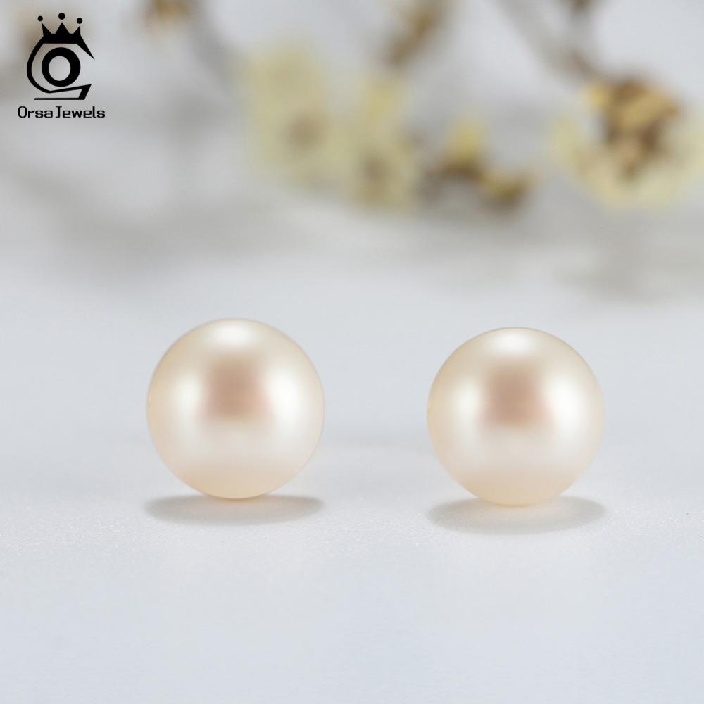 ORSA JEWELS Настоящие серебряные серьги-гвоздики 925 пробы для женщин Настоящий пресноводный жемчуг 8 мм Золотистого цвета Женские праздничные украшения SE86