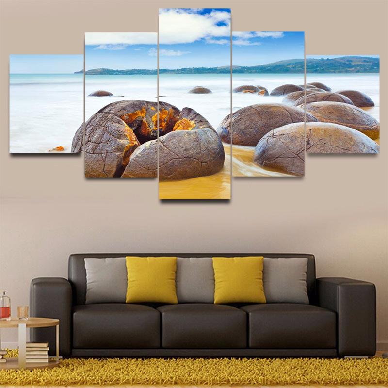 5 панелей Морской пейзаж Морской большой круглый камень Красочное небо Холст Картина Плакаты и принты Настенная картина Домашний декор без рамки