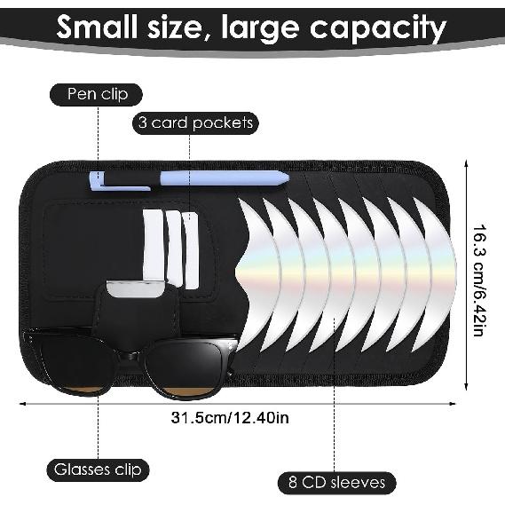 Tyqour Car CD Holder Case PU Leather Vehicle Sun Visor Organizer DVD Storage Holder for Car Visor Case with 8 Storage Sleeves Black