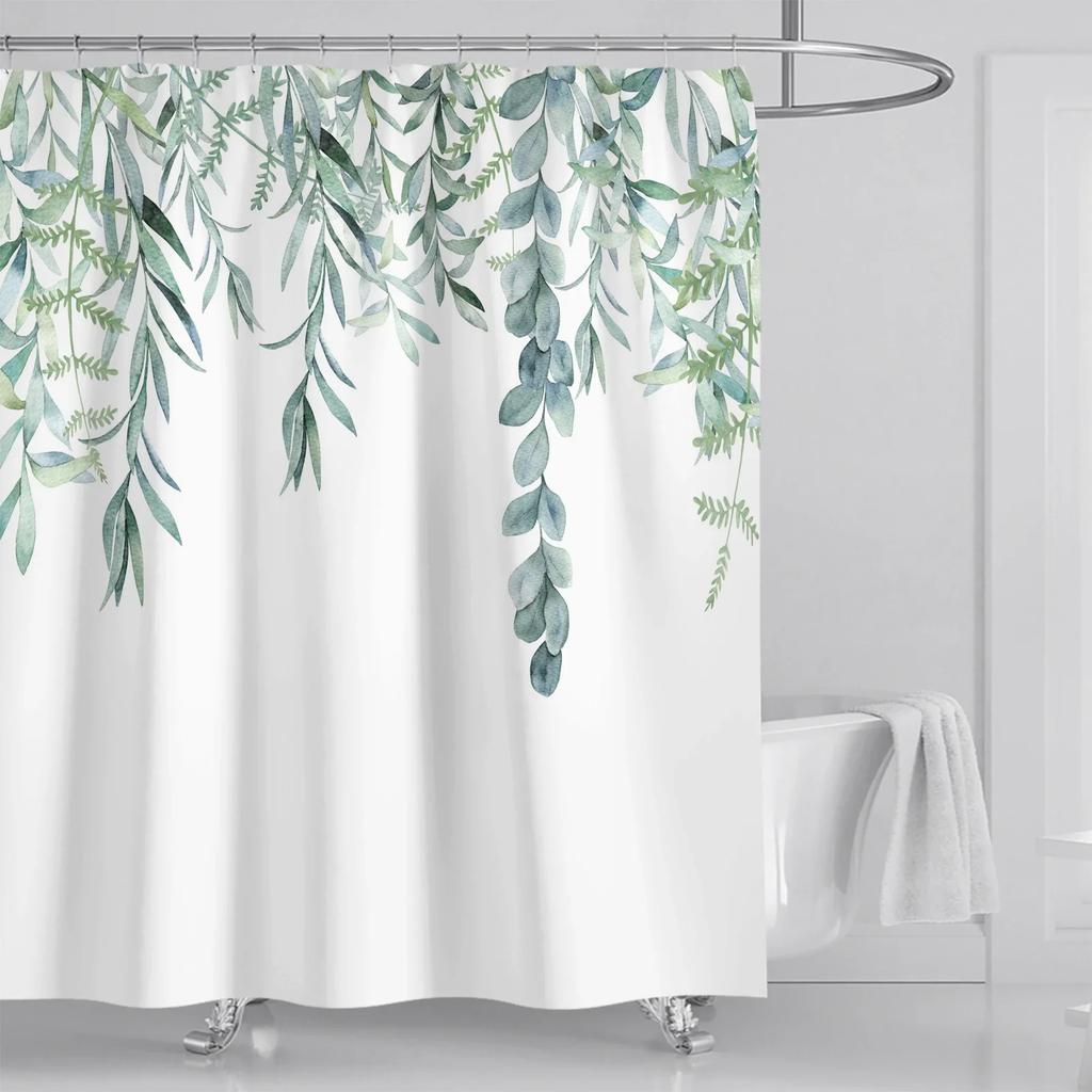 Watercolor Leaves Top Plants and Flowers Bathroom Decor Shower Curtain with Hooks Waterproof Suitable for Bathroom Decoration