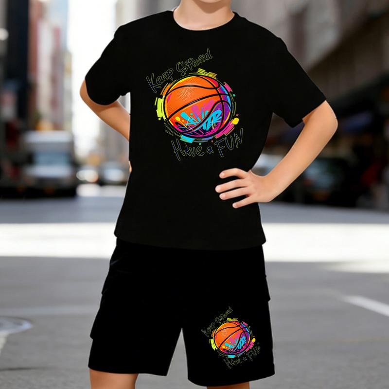 Boys 2 Piece Basketball Themed Print Outfit, Short Sleeve T-Shirt and Shorts Set for Kids Age 5-14,Black and White Sporty Casual Summer Clothes