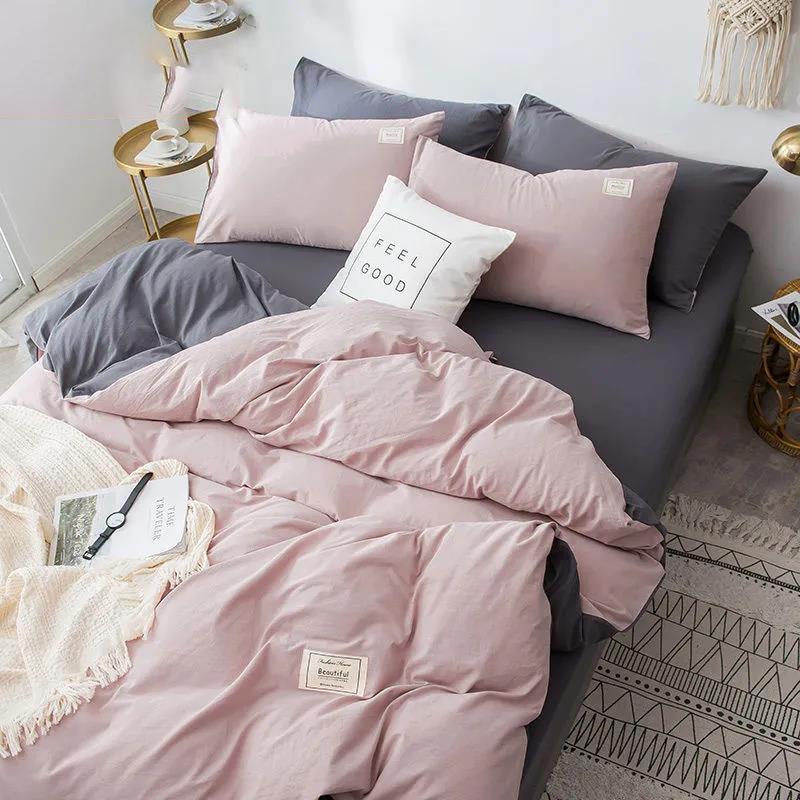 Современный простой комплект постельного белья из чистого хлопка, однотонная однотонная двуспальная кровать из четырех частей