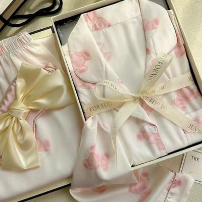 Новый корейский комплект пижамы для дома из ледяного шелка на весну и осень для девочек, пижама с длинными рукавами, милый и милый комплект пижамы для дома