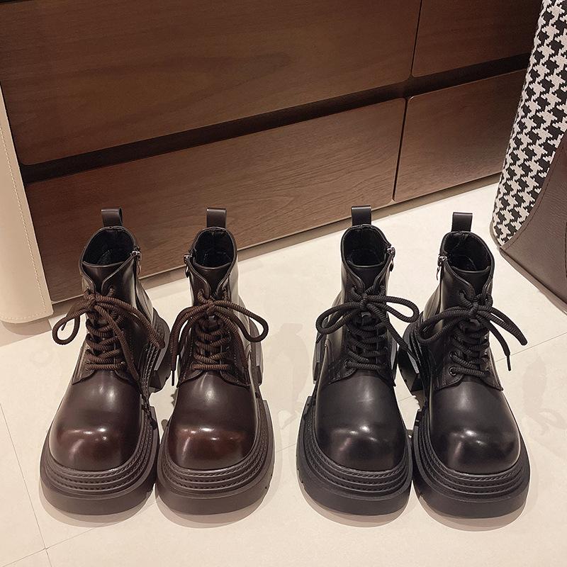 British Style Versatile Shoes Women Spring Autumn New Style Thick Sole Height Increasing Lace Up Round Toe Single Shoe