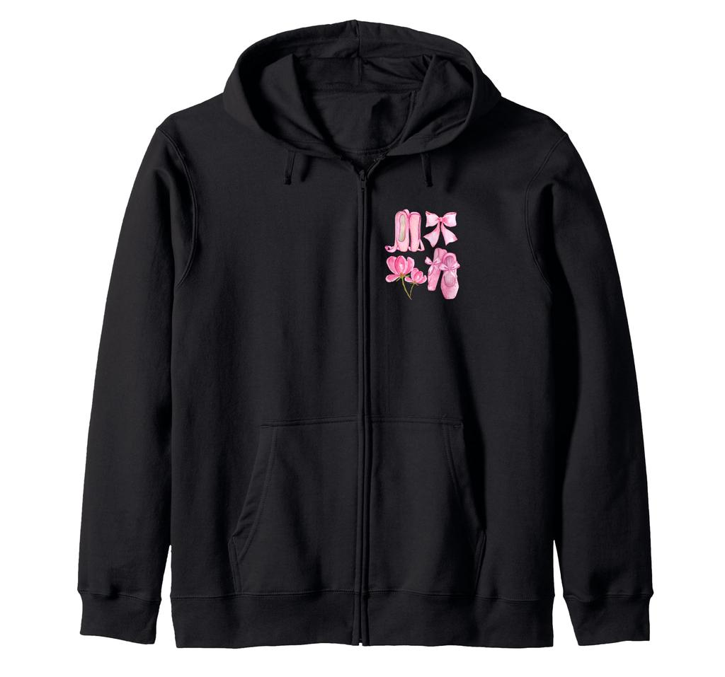 Balletcore Pink Ballerina Slippers Flower and Bow Art Hoodie Zip-Up