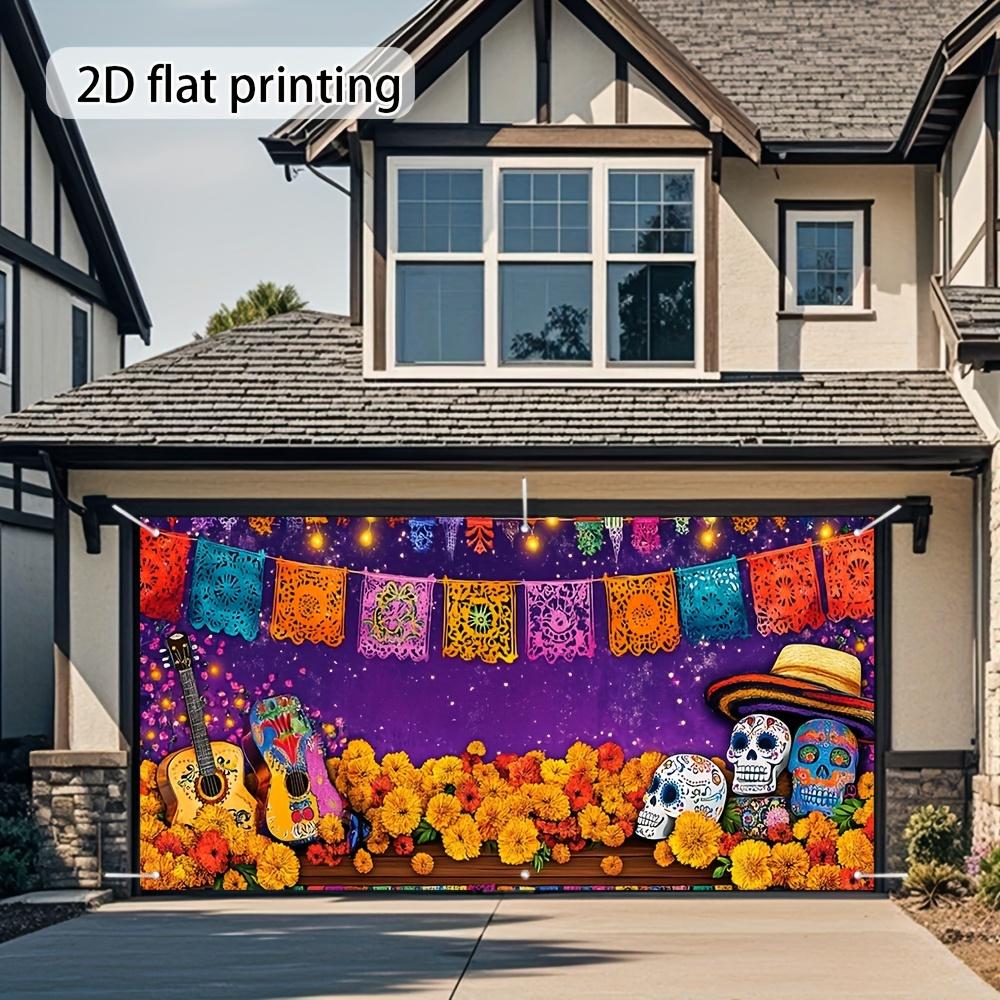 Death Garage Door Banner - Vibrant Mexican cultural decor, marigolds, guitars and skulls, durable outdoor materials