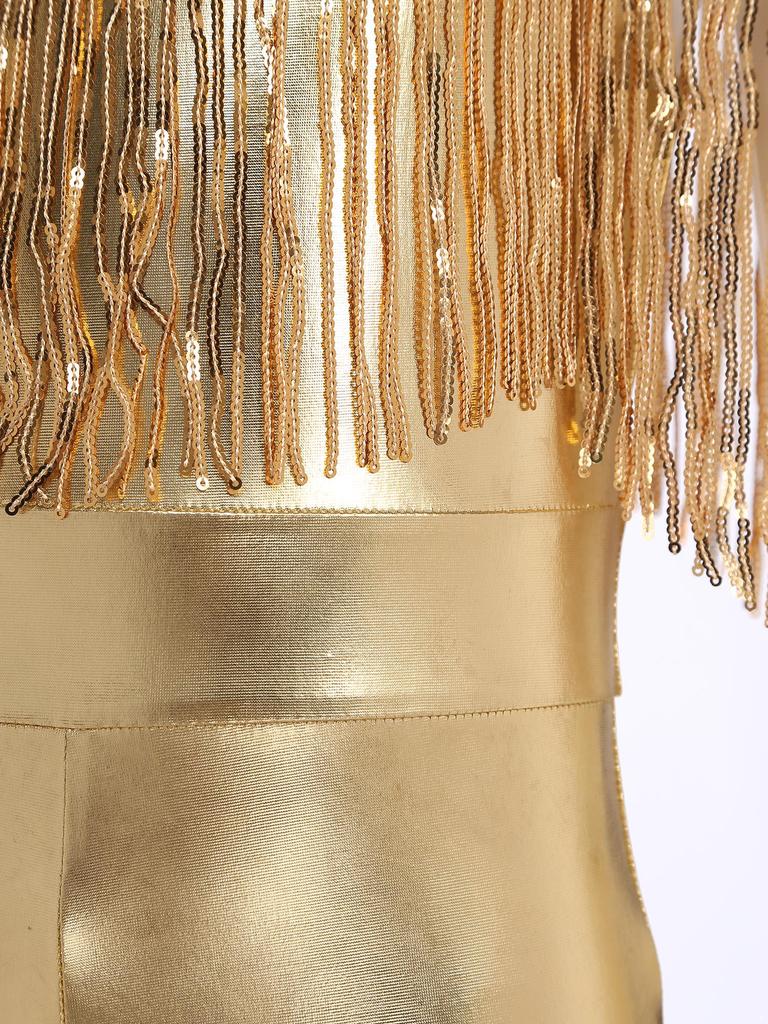 Girls Fashion Spaghetti Strap Sleeveless Sparkly Sequins Tassels Shiny High Waist Flared Jumpsuit Pageant Outfit