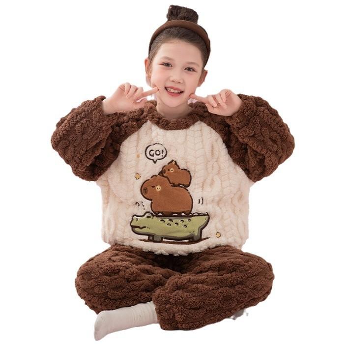Kids Flannel Pajamas Set Boys Girls Warm Long Sleeve Top And Pants Sleepwear Winter Home Nightwear