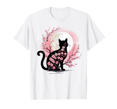 Футболка с черным котом, цветущей вишней, Япония, сакура, японское искусство