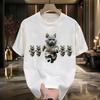 25 New Men's Cat Print Design Sense Retro Casual Trend Large Size Round Neck Creative Cotton High-end Short-sleeved T-shirt Top