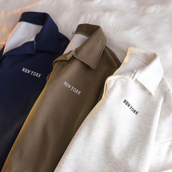 Women Autumn Spring Sweatshirt Turn-down Collar Loose Long Sleeves Pure Color Thin Elastic Cuffs And Hem Sport Style School Casual Top