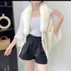 Женский oversized вязаный кейп-шаль с воротником из искусственного меха и бахромой, зимняя элегантная верхняя одежда