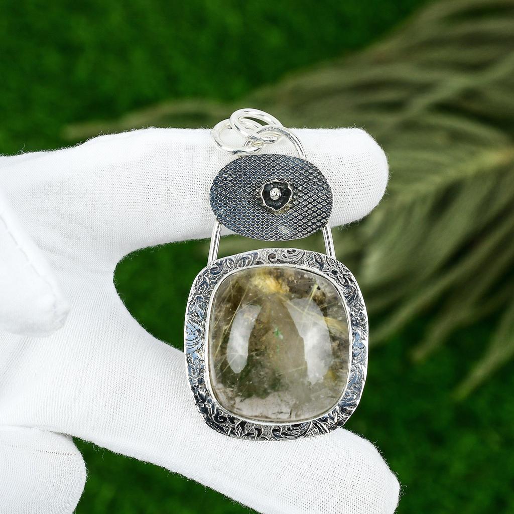 Easter Deal 925 Sterling Silver Radiant Golden Rutile Stone Boho Pendant Jewelry